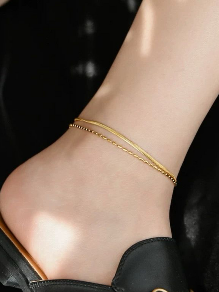 Layered Herringbone Bead Chain Anklet