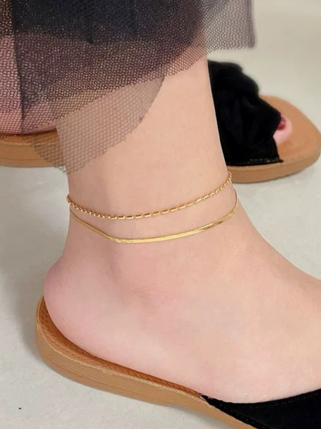 Layered Herringbone Bead Chain Anklet