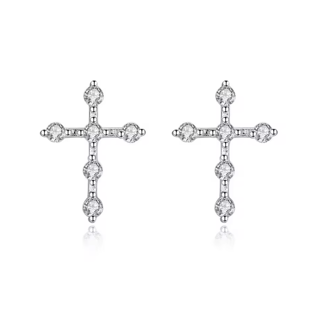 FAITH Diamond Cross Sterling Silver Ear Studs