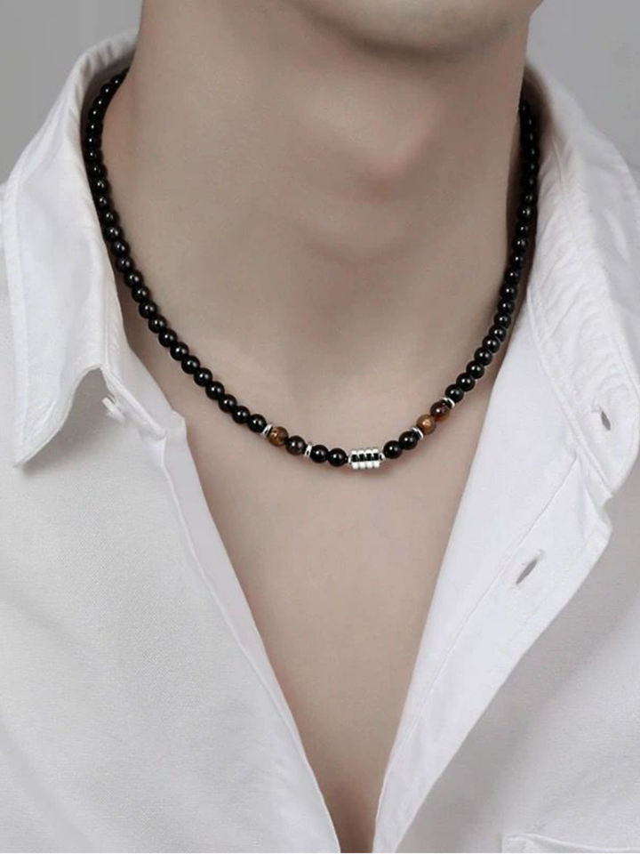 Obsidian Beads Tiger's Eye Stones Toggle Necklace