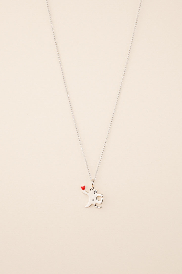 BELLA Cat Charm Heart Sterling Silver Necklace